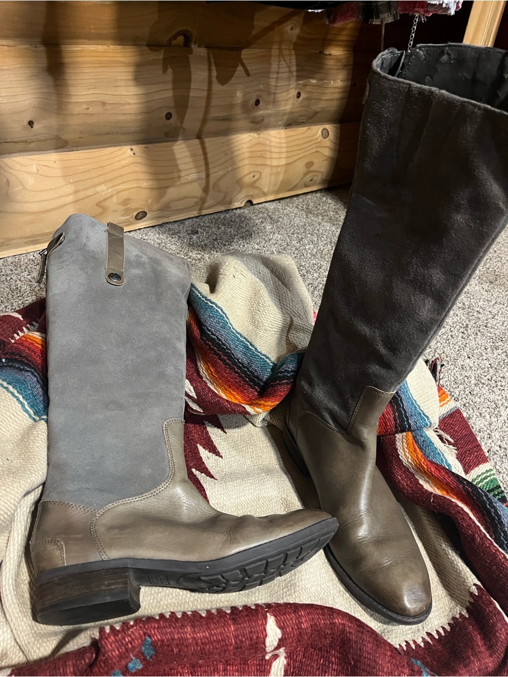 Sam Edelman Pembrooke Gray and Brown Two-Tone Suede & Leather Riding Boots